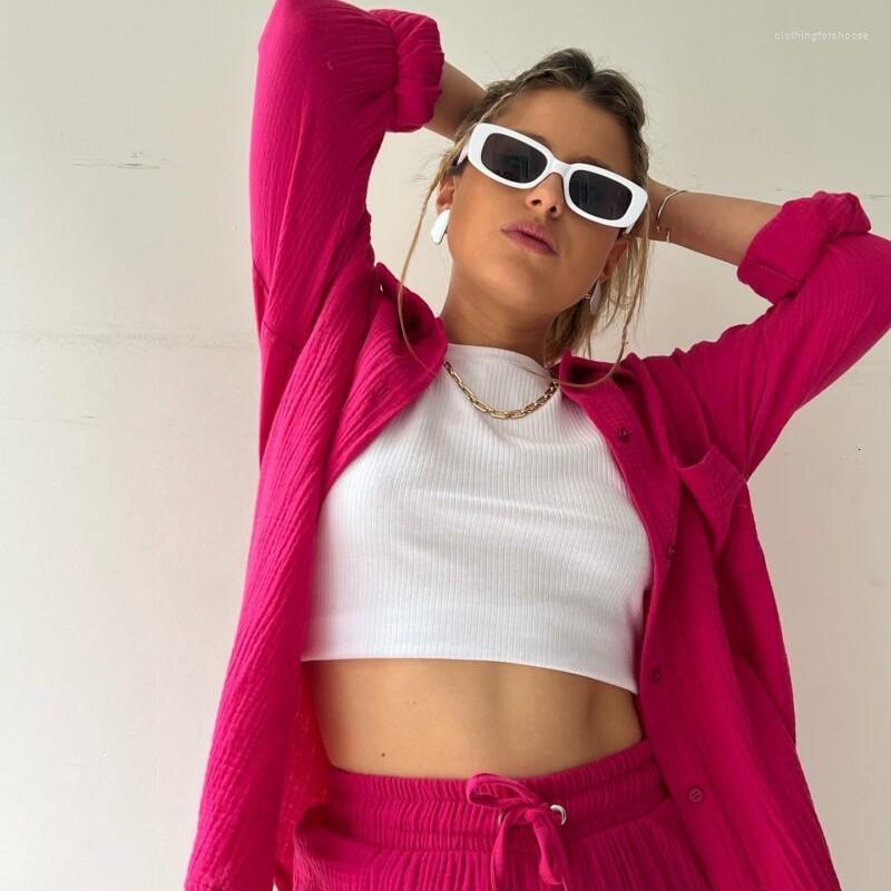 

Women's Tracksuits Casual Solid Color Suit Comfort Lapel Two-piece Set Cotton Pajamas For Women Commuter Versatile Tulle Cardigan Homewear, Rose red