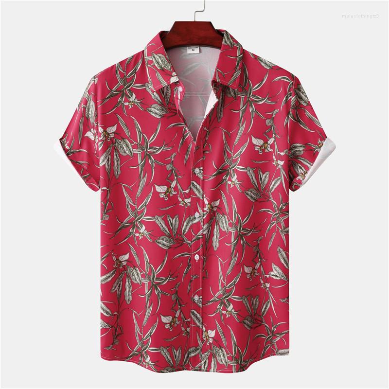

Men's Casual Shirts Mens Red Floral Print Cotton Hawaiian Shirt Short Sleeve Button Down Beach Men Summer Holiday Vacation Clothing, As picture show