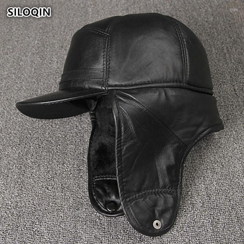 

Berets Genuine Leather Hat Middle Old Aged Bomber Sheepskin Thicken Baseball Cap Keep Warm Earmuffs Men's Hats Winter, Black