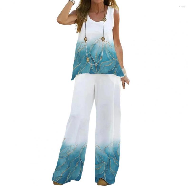 

Women's Two Piece Pants Casual Two-piece Set Women Outfit Loose Printing Sleeveless Wide Leg Scoop Neck Female Summer Tank Top Long 2023, Blue