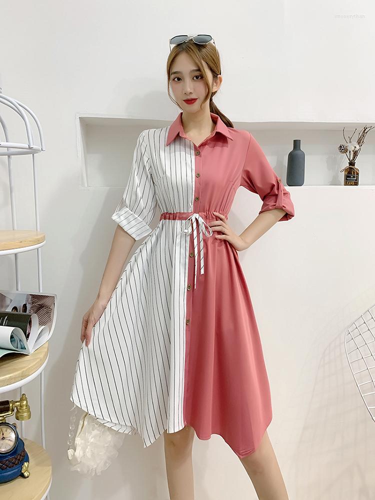 

Casual Dresses Women Spring Summer Dress Button Belt Elegant Polo Collar High Waist Single Breasted Stripe Contrast Color Shirt D2314, Pink