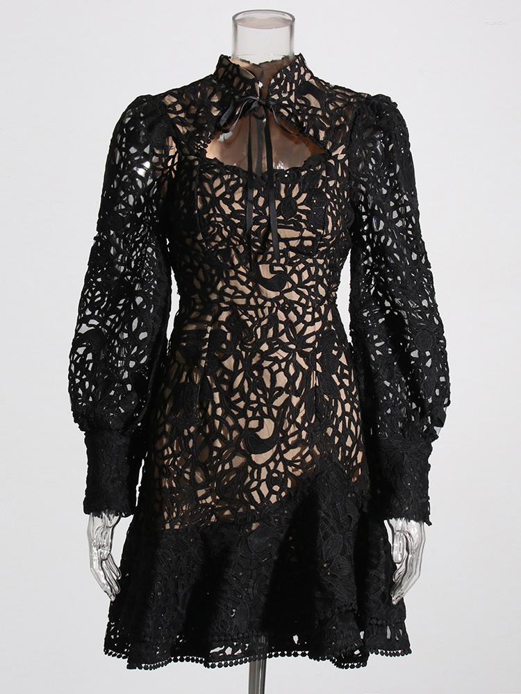 

Casual Dresses Hollow Out Mini Lace Dress For Women Stand Collar Long Sleeve Mermaid Fish Tail Embroidery Female Spring Summer Clothing, Black