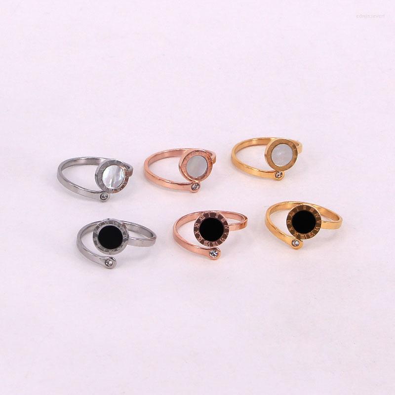 

Wedding Rings Stainless Steel Shell Round Love Roman Numerals Open Ring Bridal Engagement Crystal Xmas Gift Women Jewelry