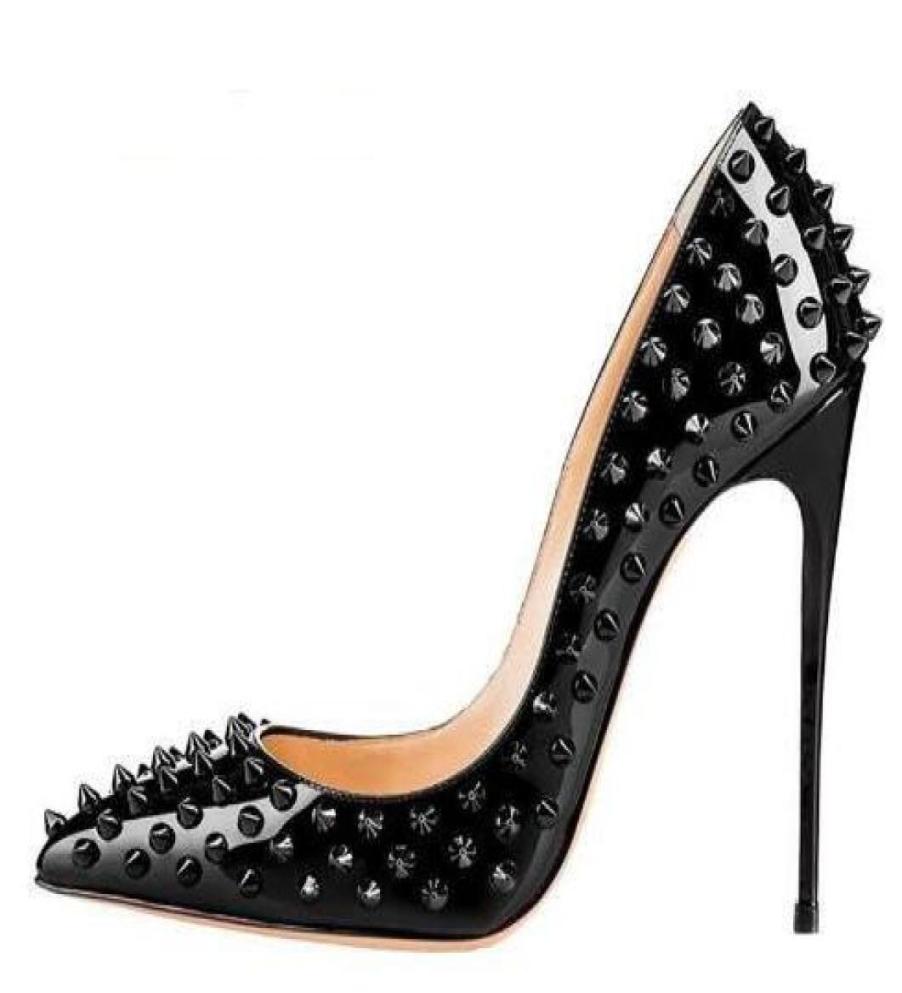 

New Shoes Spike Heels Black Patent Leather Stiletto Pumps Rivets Studs Lady Thin High Heels Party Dress Shoes Woman8838409, Burgundy