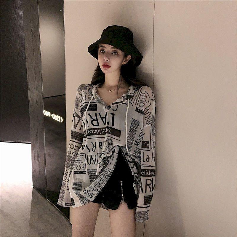 

Women's T Shirts Sunscreen Clothes Graffiti Printing Loose Thin Wild Hooded Back Hollow Shirt Isn't Trendy HarajukuWomen's, Newspaper doodle