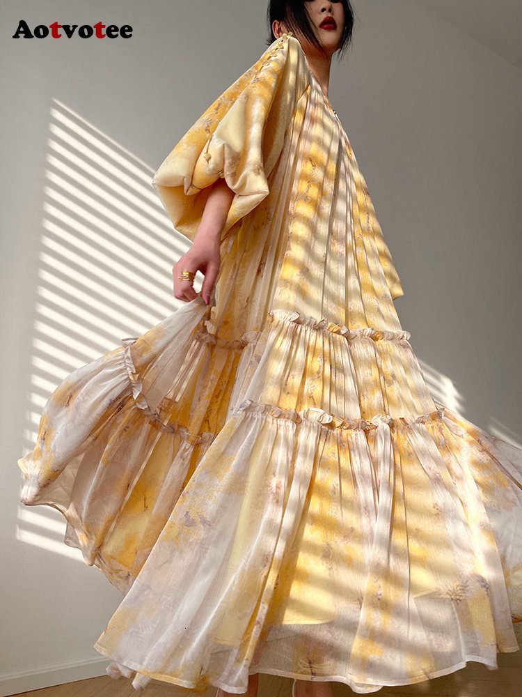

Casual Dresses Maxi Dress for Women Fashion Lantern Sleeve O Neck Loose Chic Elegant Long Sleeve Laceup Y2k Print Dress 230420, Yellow