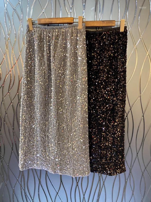

Skirts 2023 Women Fashion Sexy Casual Velvet Sequined Hem Split Slim Skirt 0223