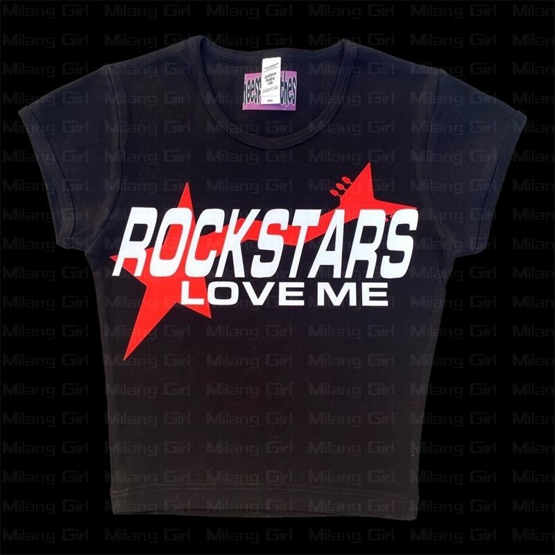 

Womens TShirt Aesthetic Summer Baby Tee Streetwear Gothic Harajuku Star letter Graphic Print Tshirt Vintage Crop Top Women 2000s Y2K clothes 230419, Black