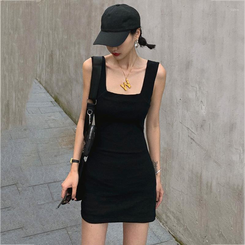 

Casual Dresses Women Black Elasticity Mini Dress Arrivals Square Collar Sleeveless Loose Fit Fashion Tide Summer 2023 Z363