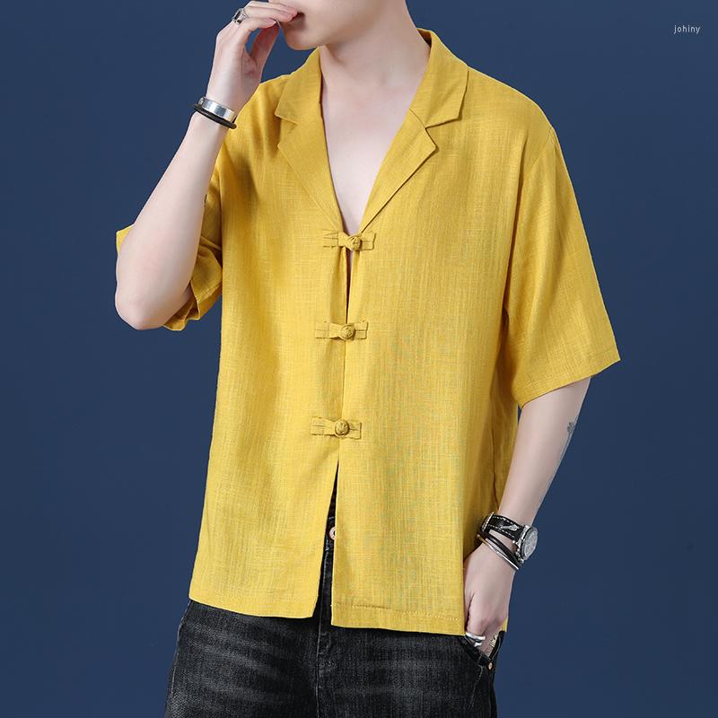 

Men's Casual Shirts Chinese Men's Solid Color Sexy V-Neck Linen Shirt Tang Fashion Short Sleeve T-Shirt Men 2023 Summer, Ginger