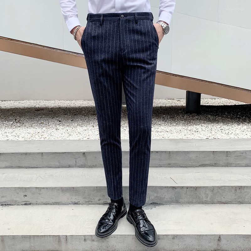 

Men's Suits Black Grey Navy Blue Striped Suit Pants Men Stylish Slim Fit Dress For Trendy Gentleman Luxury Casual Office Trousers, Dark grey