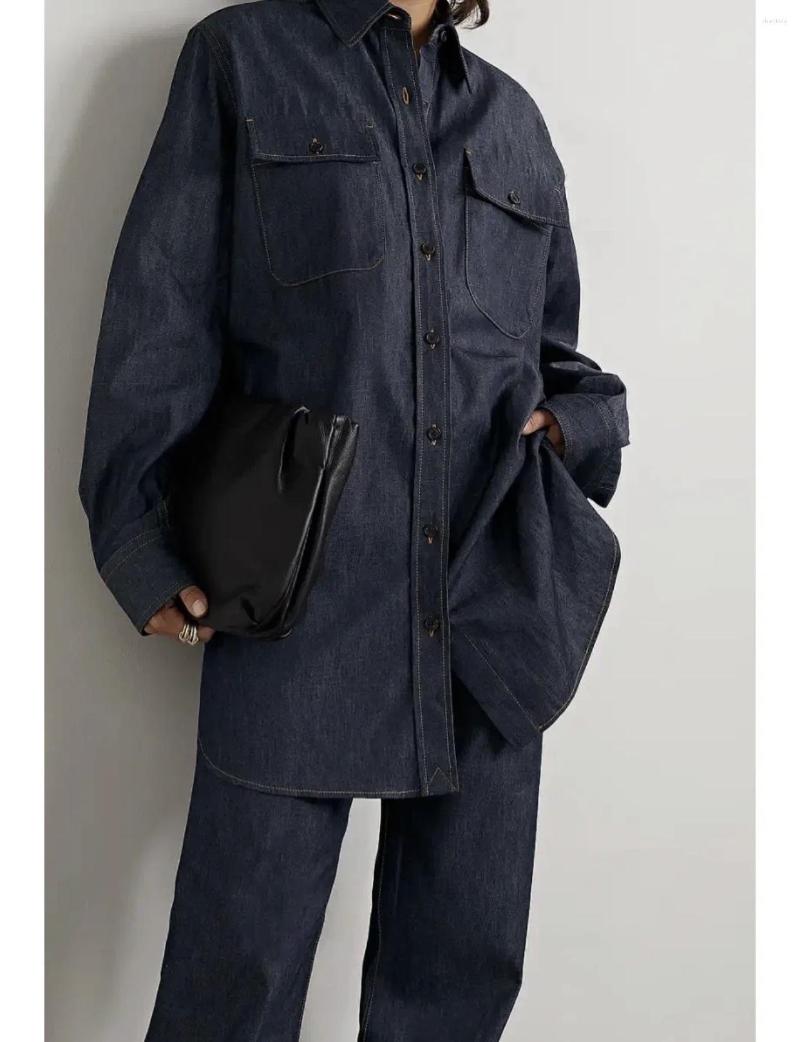

Women' Blouses 2023 Spring Women Dark Blue Silhouette Denim Cotton Long-sleeved Shirt