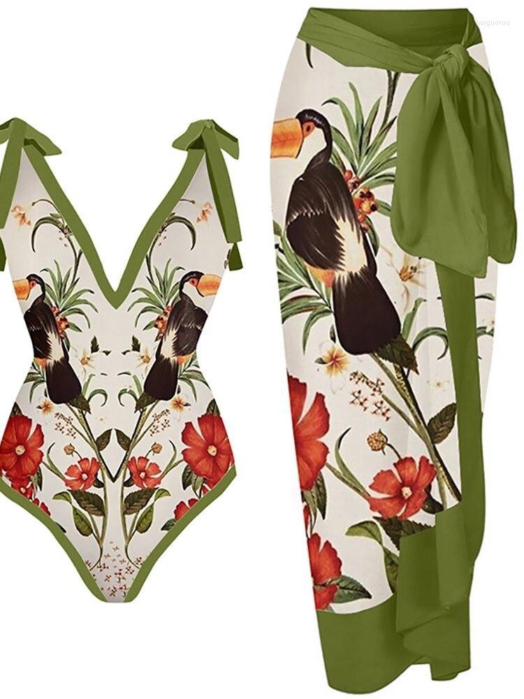 

Women' Swimwear Bodysuit Skirt Cover Ups Set Women Bandage Bathing Suit Summer Fashion Print Sexy Beach Holiday Outifts, Photo color 3