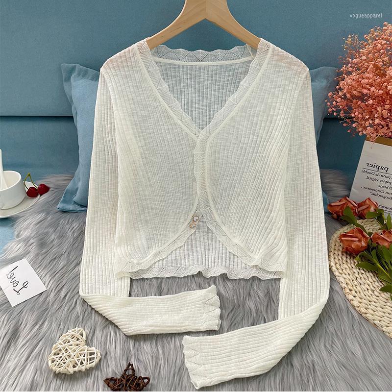 

Women's Knits Spring Summer Women Knitted Cardigans Solid Color Long Sleeve Lace Collar Female Sun-Proof Outerwear Chic Sweet Girls Short, Pink