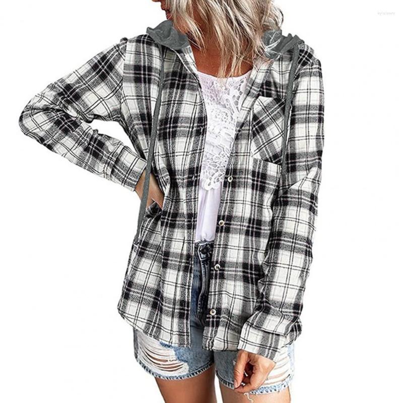 

Women' Blouses Long Sleeve Autumn Shirts For Women Classic Plaid Print Patch Pocket Drawstring Casual Hooded Sweatshirt Shirt Female, Green