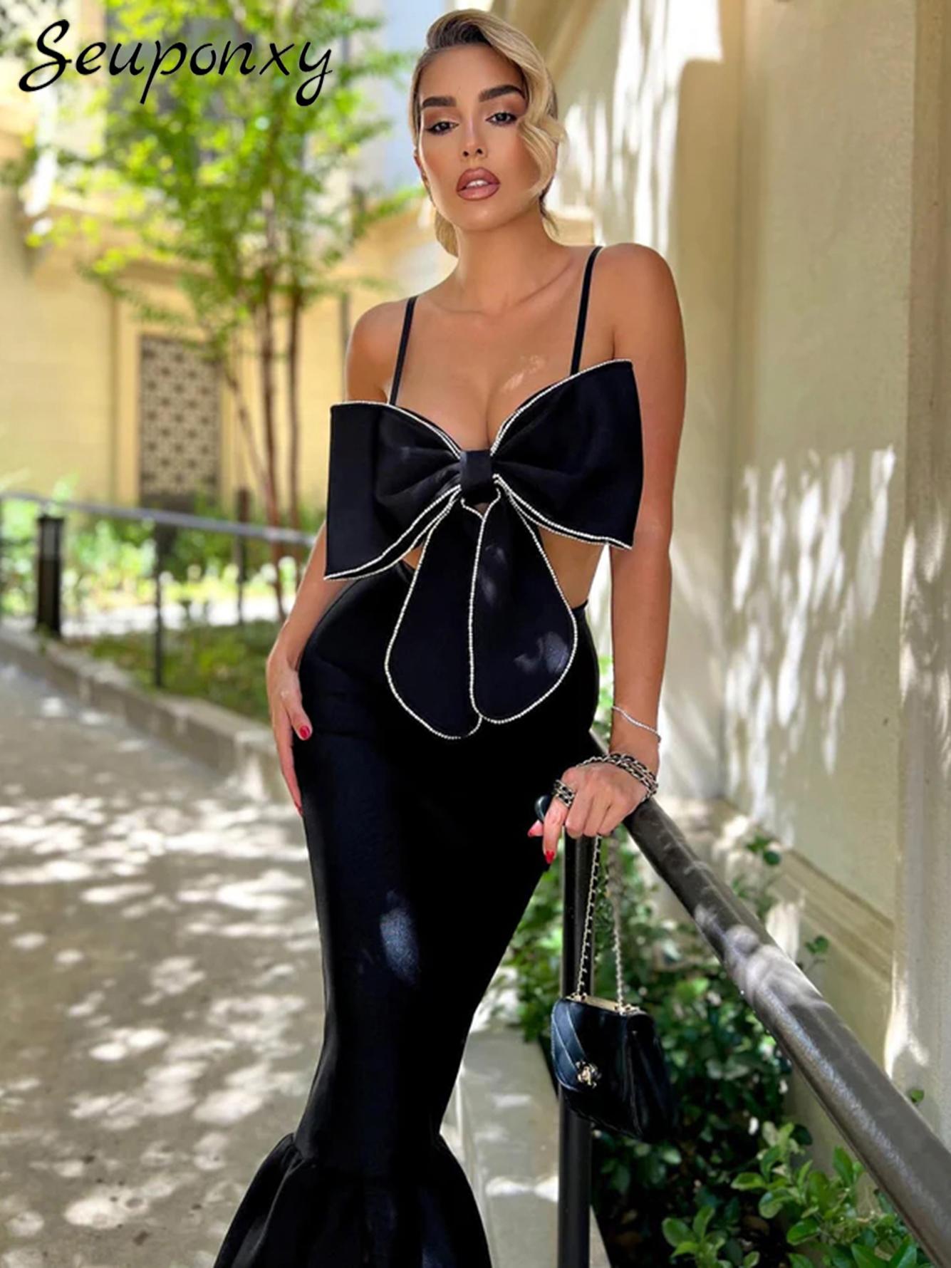 

Dress High Quality 2022 Summer New Fashion Women's Bodycon Bandage Set Sexy Big Bow Short Top + High Waist Skirt Party 2 Two Piece Set, Black
