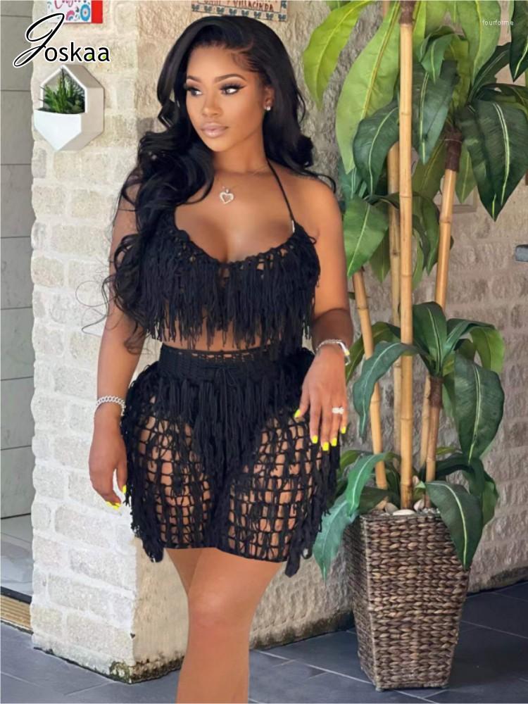 

Women' Tracksuits Joskaa Knitted Tassel Two Piece Set Women Casual Solid Crop Top And High Waist Shorts Matching Summer 2023 Beach Vacation, White