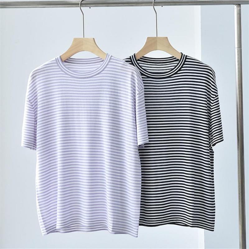 

Women' T Shirts Classic Women' Wool Silk Blend Striped T-Shirt Spring Summer Ladies Round Neck Short Sleeve Casual Loose Tshirt Tops, Purple