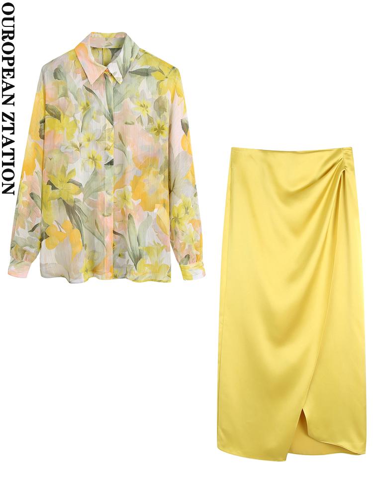 

Dress PAILETE Women 2022 fashion with metallic thread floral print loose shirts or front slit gathered satin high waist midi skirt, Picture color