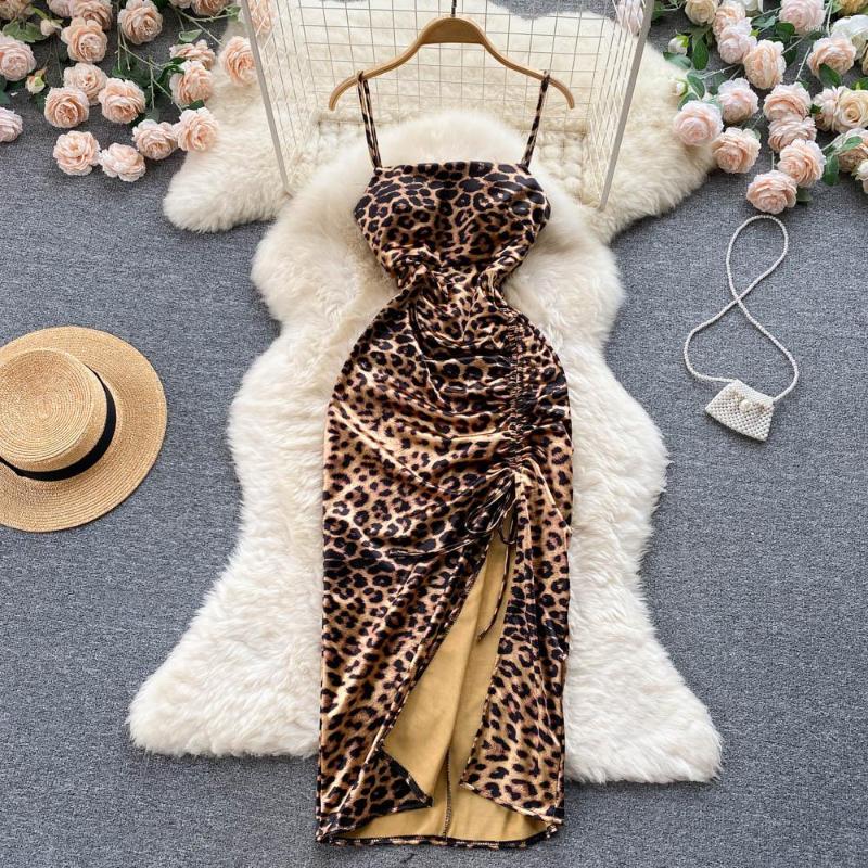 

Casual Dresses Sexy Leopard Print Off Shoulder Split Slip Dress Chic Vintage Evening Party Club Women Black Slim Pencil Vestidos