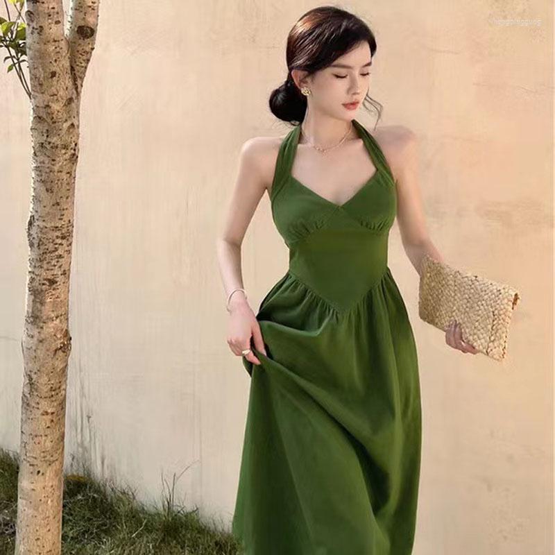 

Casual Dresses Women' Halterneck Dress 2023 French Retro Square Neck Sleeveless Green Suspenders Elegant Maxi