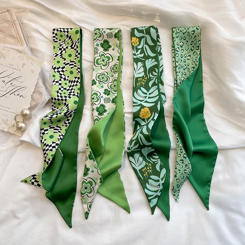 

Scarves 130cm Green French Hair Band Scarf Women's Long Ribbon Korean-Style Flower Multi-Function Silk Narrow Neckerchief Tie Skinny