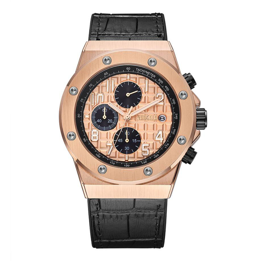 

Classic Men's Chronograph Quartz Watches Waterproof Sports Casual Wrist Watch Sapphire Black Leather Strap Sport Man Watches, Black silver