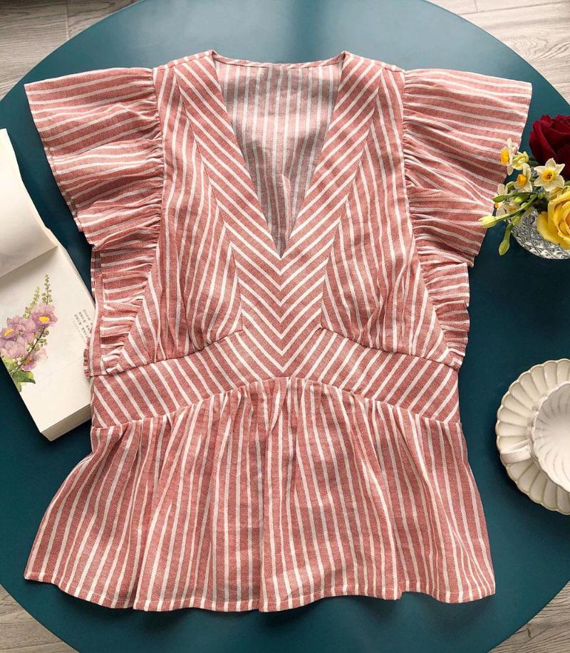 

Women' Blouses Women Cotton & Ramie Blend Sleeveless Contrast Striped V Neckline Ruffled Gathering Waist Blouse Top, Style 2