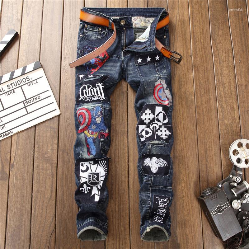 

Men's Jeans Autumn Winter Fashion Men's Frayed Embroidered Pen Pants Patchwork Stretch Trousers Motorcycle Hip Hop Denim Blue
