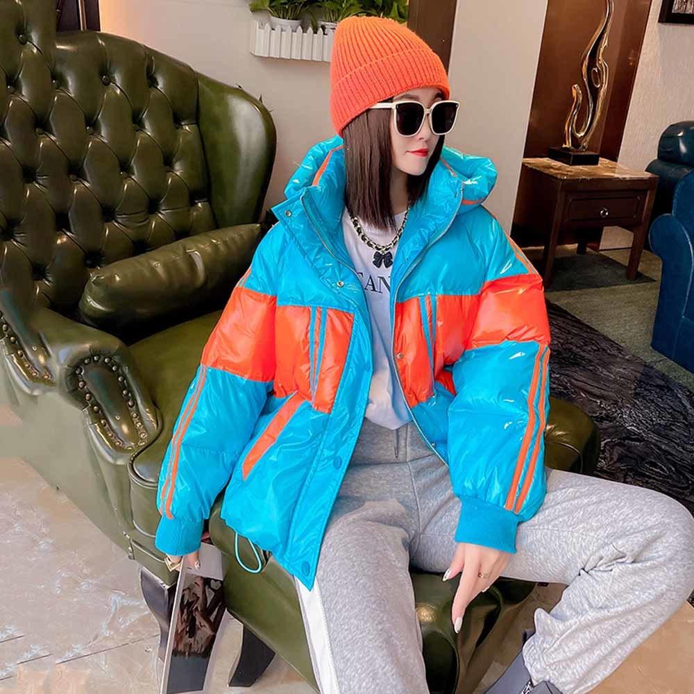 

Leather Glossy Fashion Patchwork Down Jackets Women Hooded Short Parka Thick Warm Winter Jacket Streetwear Loose Cotton Coat Female, Blue