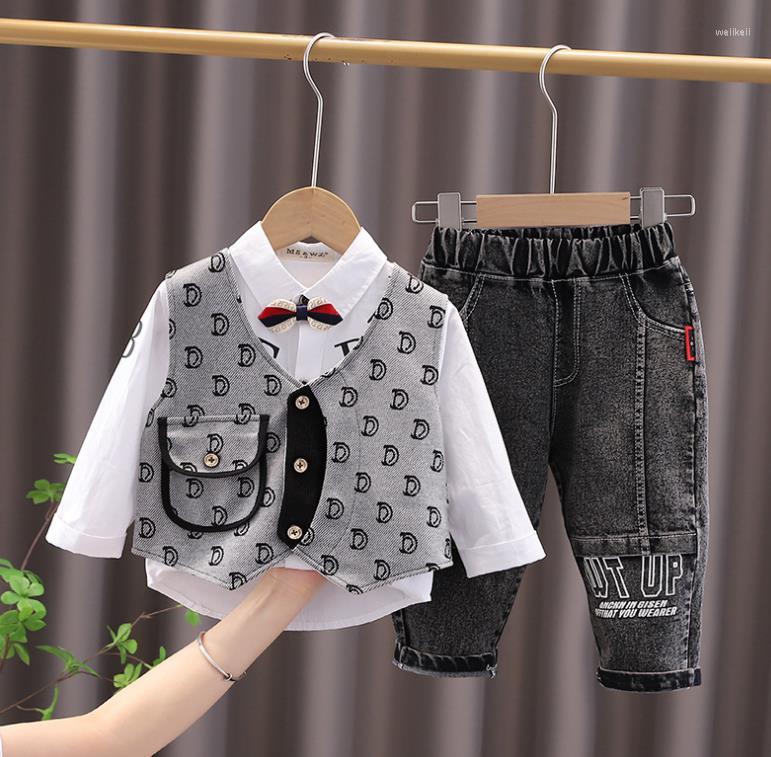 

Clothing Sets Baby Boy Boutique Outfit Korean Style Letter Printed Vest White Shirts Denim Pants 3pcs Kids Tracksuits Toddler Suits, Beige