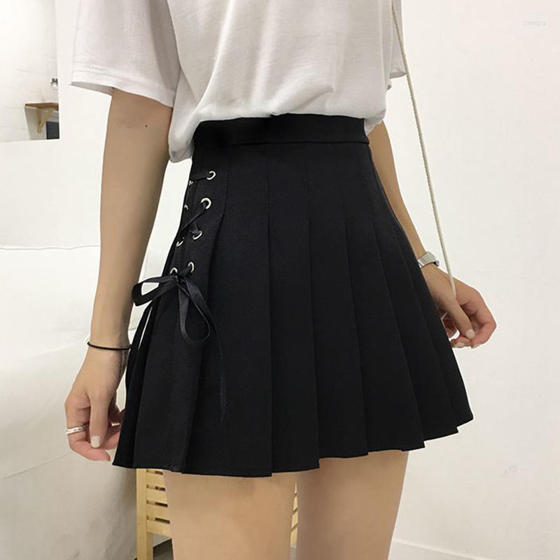 

Skirts Rimocy Corss Lace Up Pleated For Women 2023 Summer A-line High Waisted Skirt Woman Preppy Style Solid Color Mini, Black
