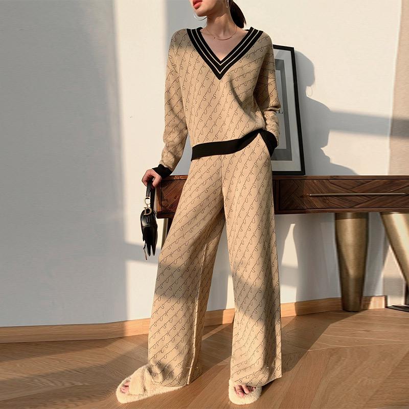 

Pants Letter Print Knitted Sweater Set Women 2 Pieces Autumn Casual Long Sleeve Vneck Pullovers Lady High Waist Wide Leg Pant Suits, Camel
