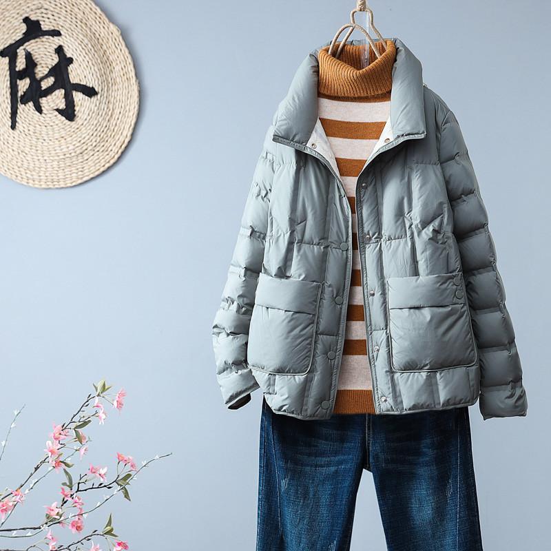 

Parkas Ailegogo Stand Collar Women Ultra Light White Duck Down Short Coat Autumn Winter Female Pocket Down Jackets Lady Snow Outwear, Beige