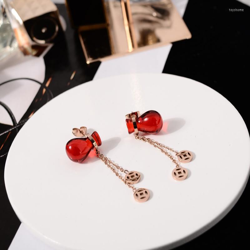 

Stud Earrings YUN RUO 2023 Arrival Fashion Lucky Money Bag Earring Rose Gold Color Woman Girl Gift Titanium Steel Jewelry Never Fade