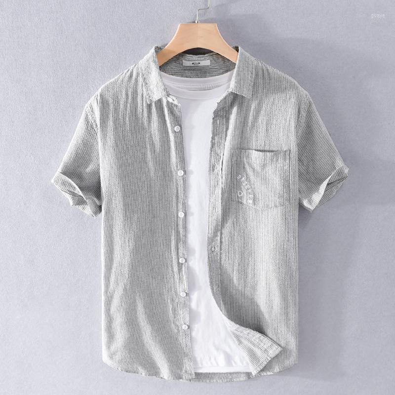 

Men's Casual Shirts Cotton Brand Striped Men Comfortable Summer Short Sleeve Shirt For Tops Mens Clothes Camisa Chemise, Gray