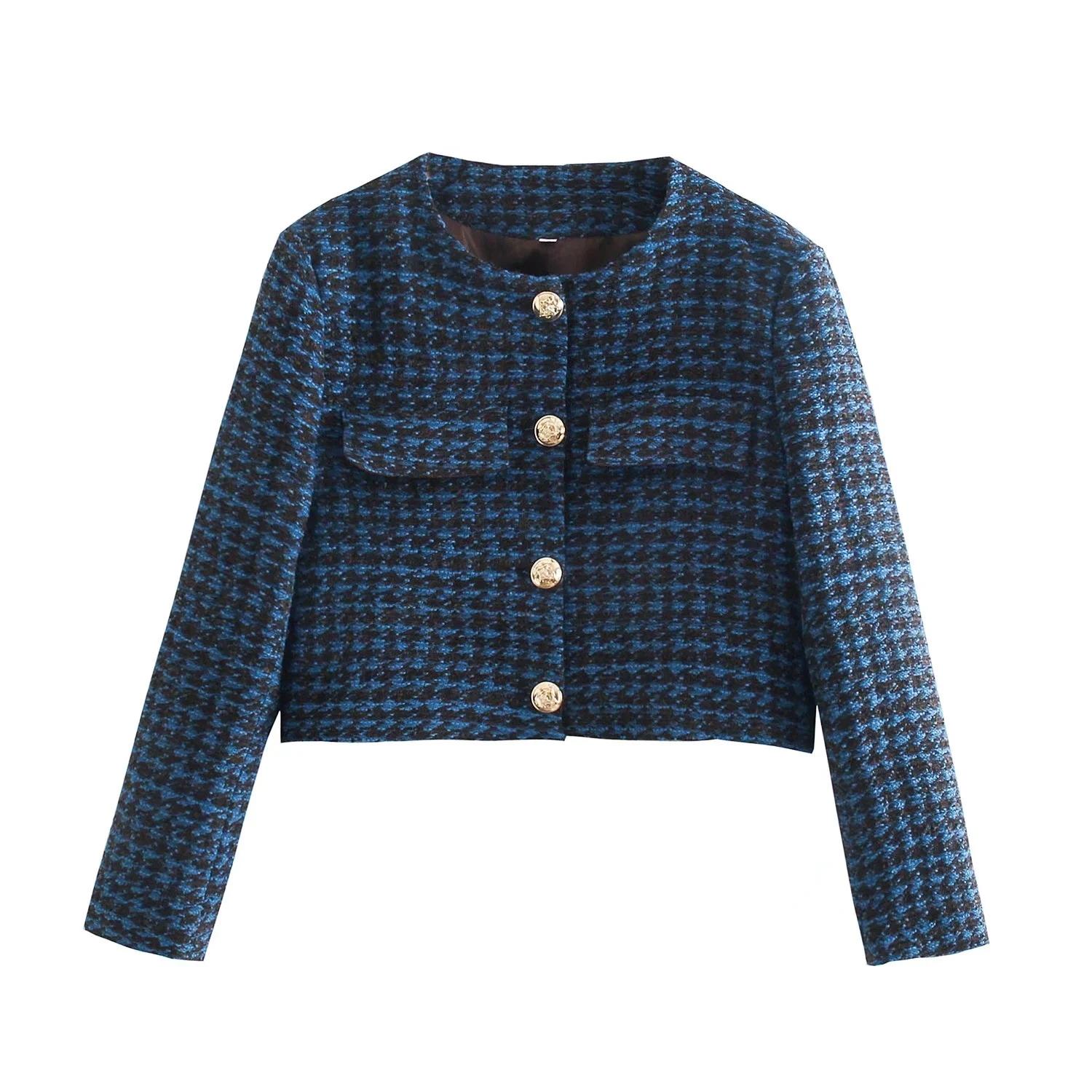 

Pants WOMEN SPRING AUTUMN FASHION SINGLE BREASTED TWEED CHECK O NECK SUIT BLAZERS COAT VINTAGE LONG SLEEVE FEMALE OUTERWEAR, Blue