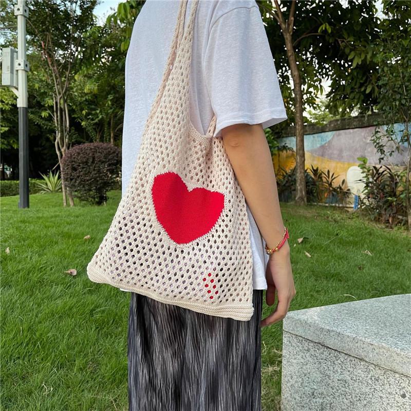 

Evening Bags Women Retro Summer Hobo Bag Trendy Heart Knitted Shoulder For 2023 Mesh Knit Hollow Out Tote Casual, Beige