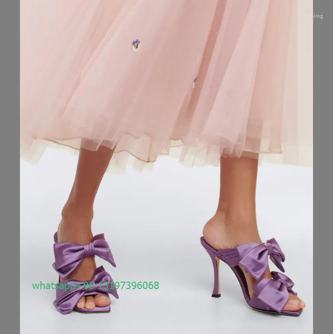 

Dress Shoes Lady Purple Color Stain Bow Tie Design Slingback Pumps Open Square-toe Stiletto Heel Elegant Banquet Shigh Heels Size 46, As photo