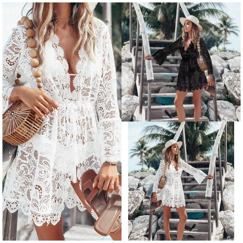 

Women' Swimwear 2023 Lace Croche Women Sexy Crochet Ladies Cover Up Bikini Tops Floral Robe White Black Bathing Beach Suit Summer Dress