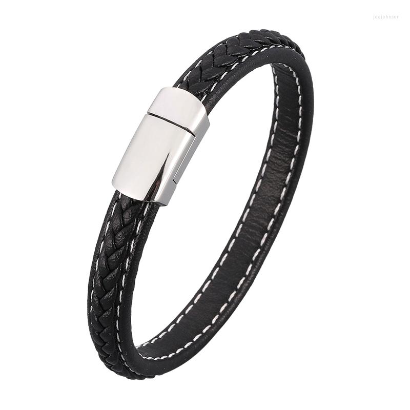 

Charm Bracelets Fashion Simple Jewelry Men Leather Bangles Stainless Steel Magnetic Clasp Male Wristband Birthday Gift PD1048