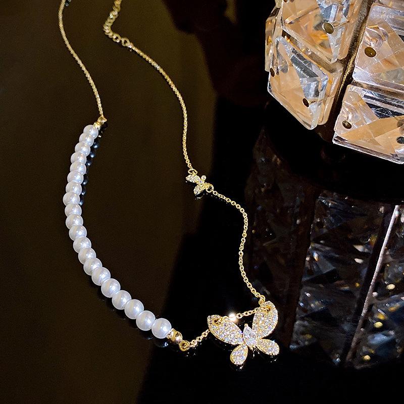 

Choker LW Fashion Elegant Pearl Zircon Butterfly Tassel Pendant Necklace Ins Style Y2k Crystal Heart Collarbone Clavicle Chain