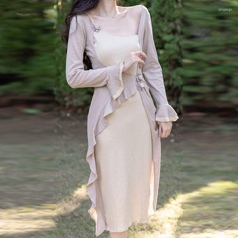 

Casual Dresses Chic Designer Fake 2 Piece Patchwork Dress Women Vintage French Sexy Suspender Appliques Ruffle Robe, Picture color