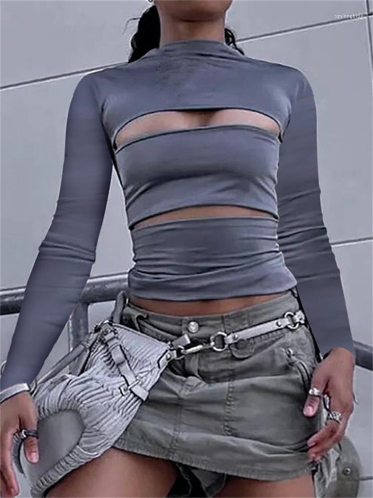 

Women' T Shirts CHRONSTYLE Hollow Out Long Sleeve T-shirts Tops Solid O Neck 2023 Causal Slim Fit Basic Tees Women Sexy Streetwear Y2K