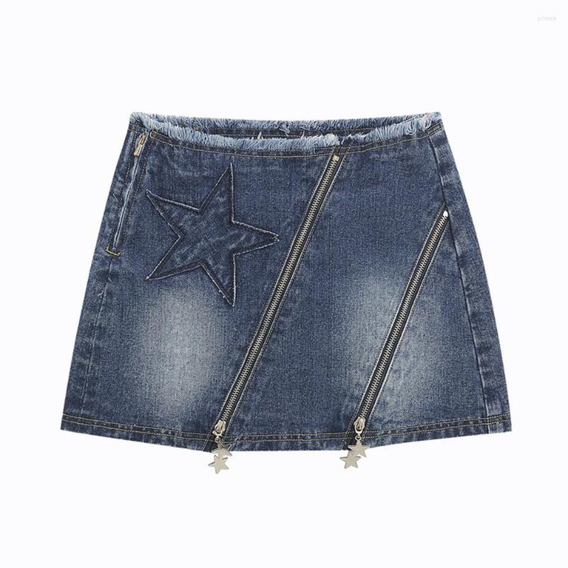 

Skirts 2023 Fashion Women Denim Skirt Double Zipper Spliced Stars Burr Edge High Waist Vintage Mini Girl' Jupe RS599, As the picture