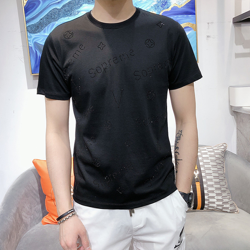 

T-shirt Men's Hot Diamond Letter Mercerized Cotton Trend Brand Black Tees Casual Summer Simple Stylish Male Tops Clothing Garment
