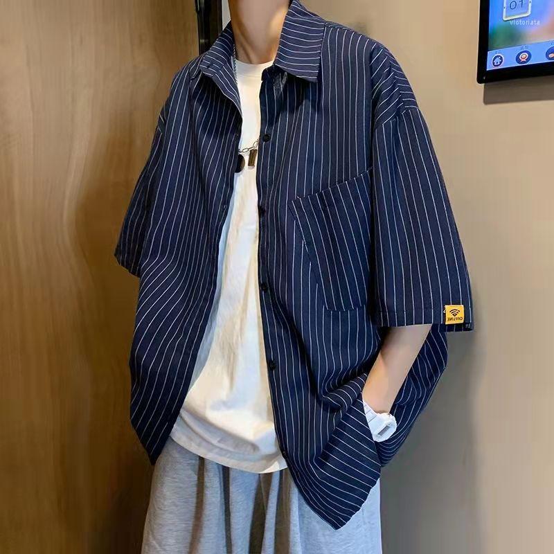 

Men's Casual Shirts High Quality Summer Short Sleeve Striped For Men Clothing 2023 Simple Loose Fit Business Streetwear Blouses E55, C557 green