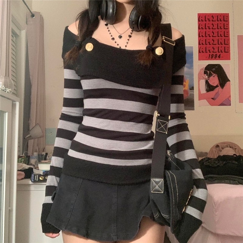 

Women's T-Shirt Harajuku Retro Striped Print Grunge Tshirts Slash Neck Buttons Autumn Vintage Tops Tees Aesthetic Chic Cute Slim Fit Outfits 230419, Black