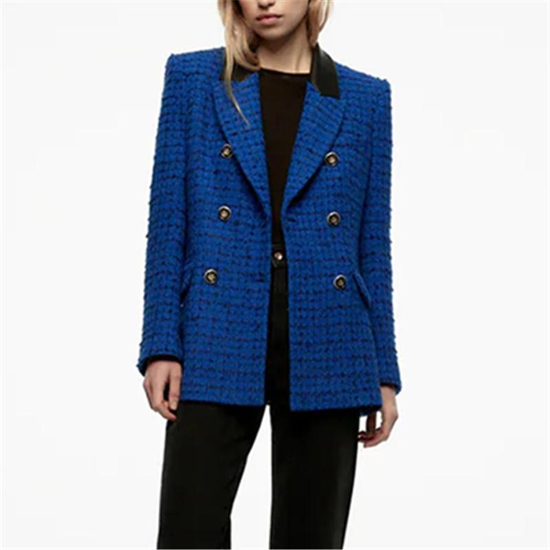 

Pants PB ZA2022 new women' fashion temperament imitation leather double breasted stitched texture blue suit coat