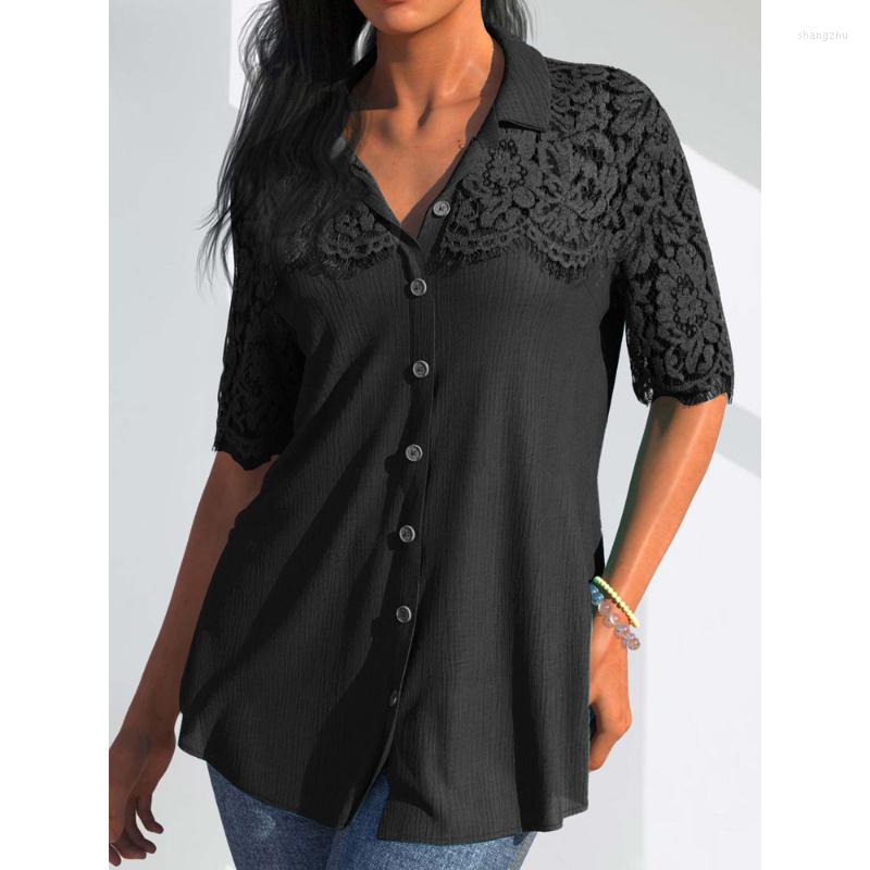 

Women' Blouses Fashion Women' Elegant Lapel Button Up Shirt Half Sleeve Lace Stitching Chiffon Blouse Tops Mujer Lady Clothes Blusas, Black